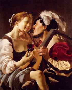 亨德裡尅 特佈魯根 A Luteplayer Carousing With A Young Woman Holding A Roemer